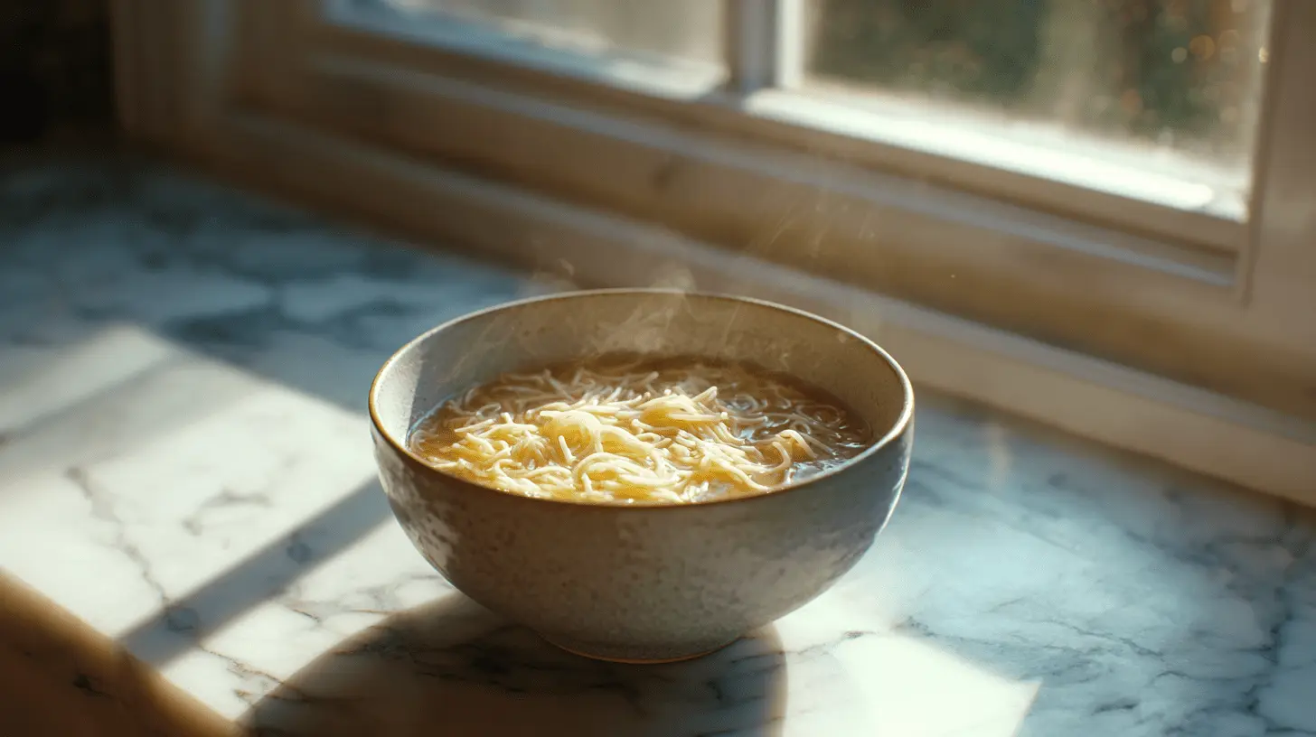 Steaming bowl of fideo soup with thin noodles on a marble countertop by a sunlit window.