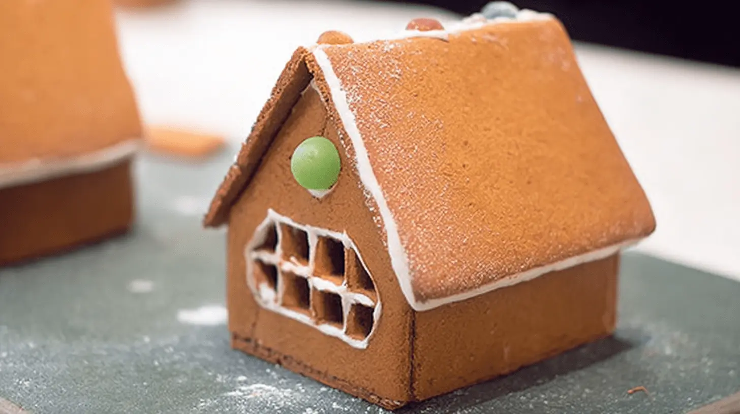 A beautifully decorated gingerbread house with white icing, colorful candies, and powdered sugar.