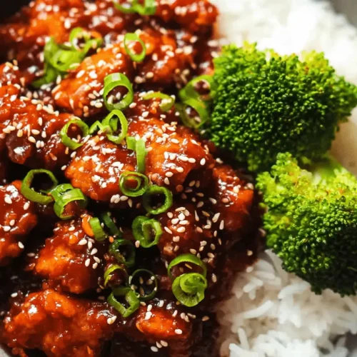 A vibrant close-up of a rustic bowl filled with glossy gochujang chicken, fluffy white rice, and bright green steamed broccoli, garnished with sesame seeds and green onions.