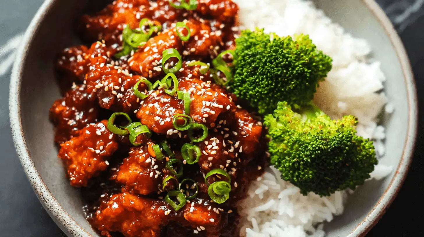A vibrant close-up of a rustic bowl filled with glossy gochujang chicken, fluffy white rice, and bright green steamed broccoli, garnished with sesame seeds and green onions.