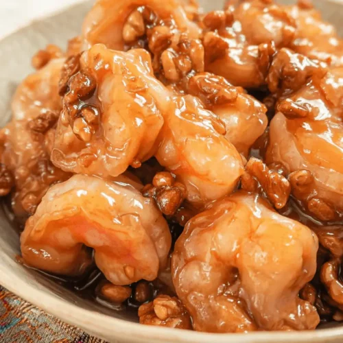 A close-up of honey walnut shrimp, featuring plump shrimp coated in a glossy amber sauce and toasted walnuts in a rustic ceramic bowl.