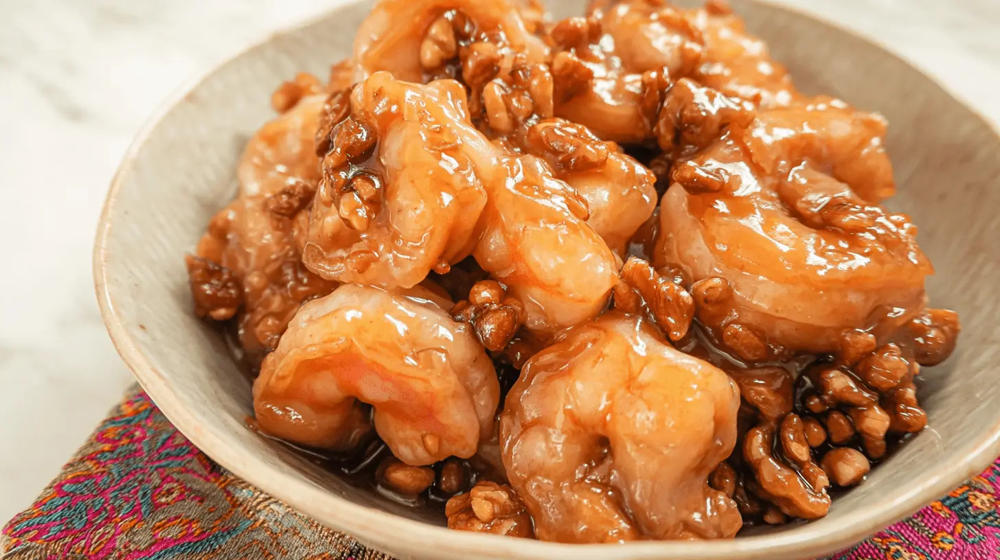 A close-up of honey walnut shrimp, featuring plump shrimp coated in a glossy amber sauce and toasted walnuts in a rustic ceramic bowl.