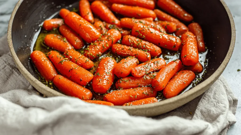 Close-up of vibrant maple glazed carrots in a rustic pan, garnished with fresh herbs.