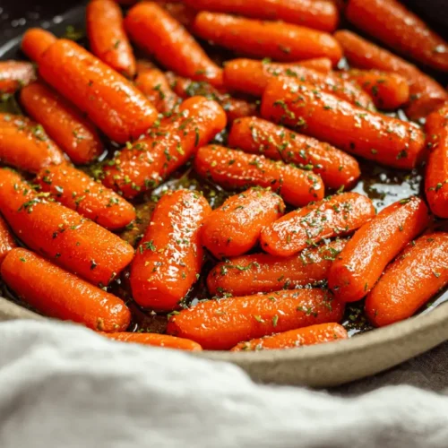 Close-up of vibrant maple glazed carrots in a rustic pan, garnished with fresh herbs.