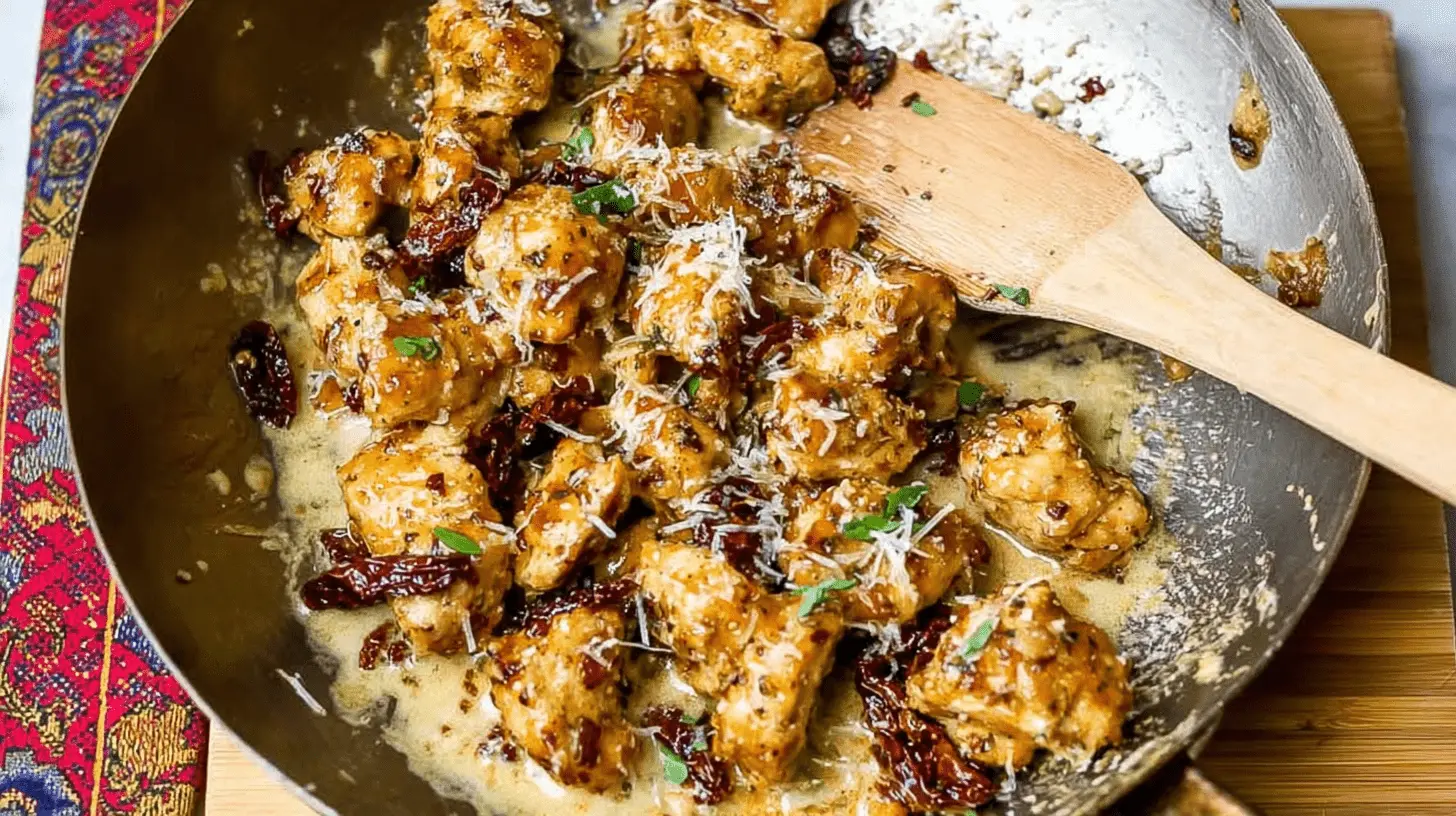 Creamy Marry Me Chicken Bites with sun-dried tomatoes and Parmesan in a rustic pan.