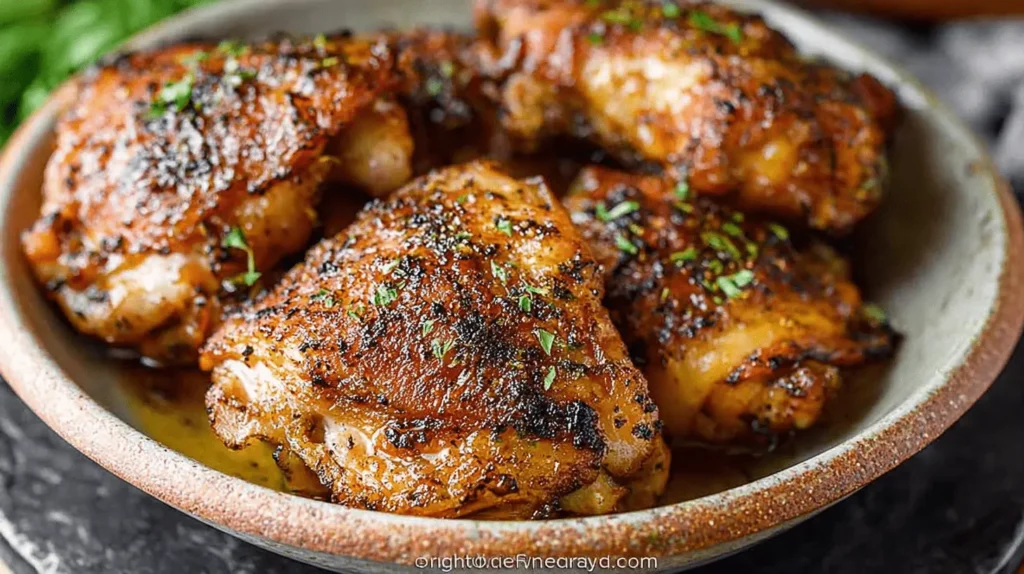 Close-up of perfectly crispy, golden Oven Baked Chicken Thighs in a rustic ceramic bowl with fresh herbs.