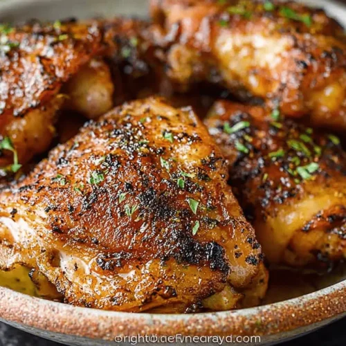 Close-up of perfectly crispy, golden Oven Baked Chicken Thighs in a rustic ceramic bowl with fresh herbs.