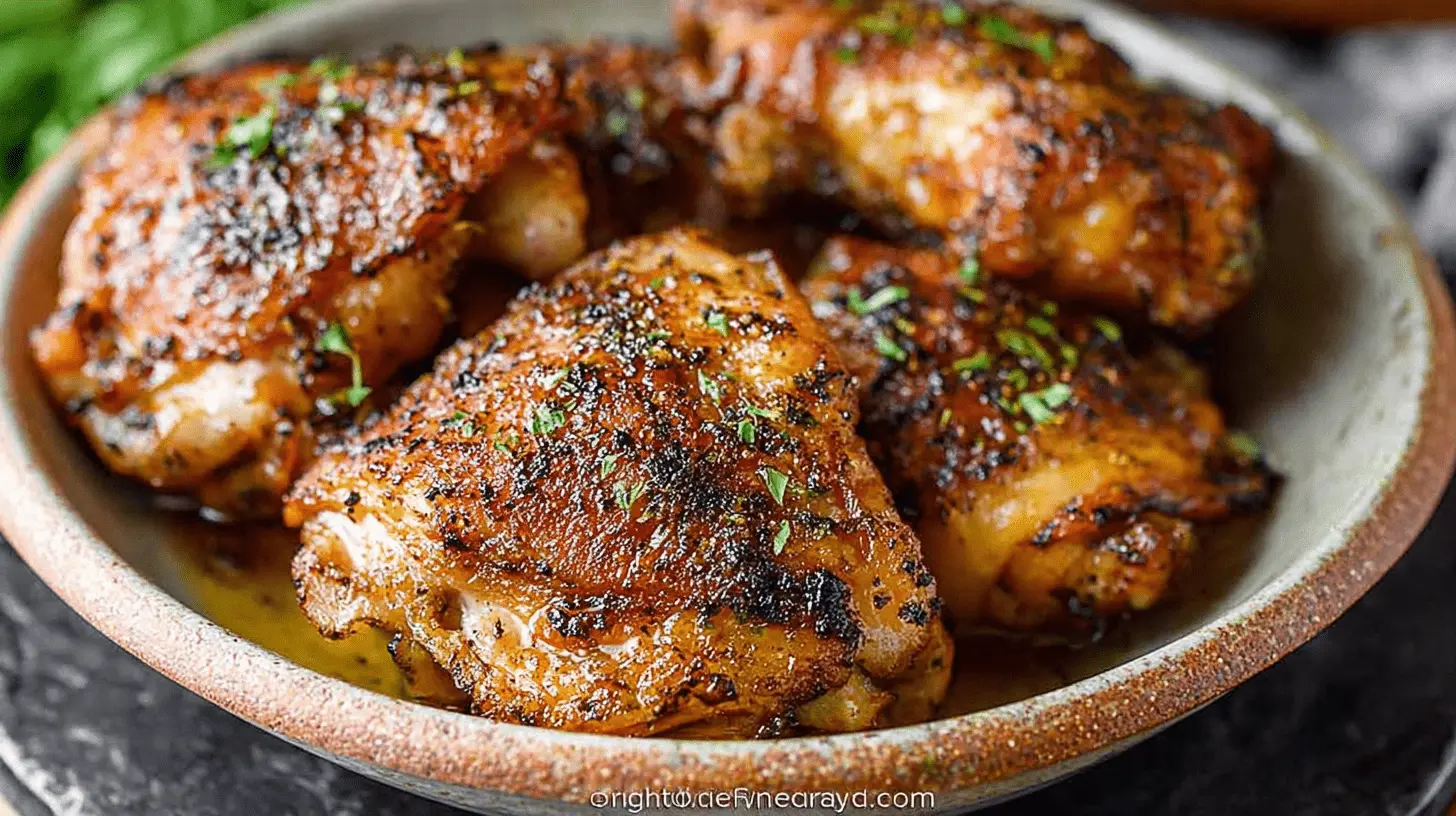 Close-up of perfectly crispy, golden Oven Baked Chicken Thighs in a rustic ceramic bowl with fresh herbs.