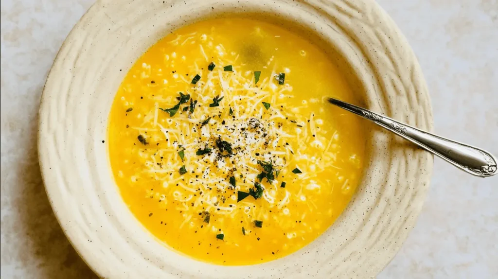 Overhead shot of creamy yellow-orange penicillin soup in a rustic bowl, garnished with cheese and herbs.