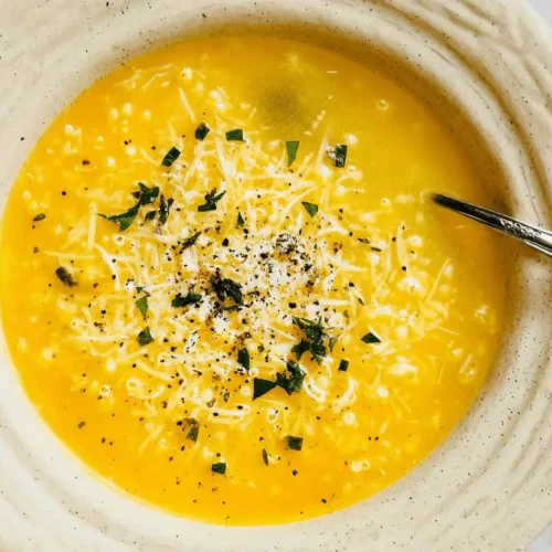 Overhead shot of creamy yellow-orange penicillin soup in a rustic bowl, garnished with cheese and herbs.