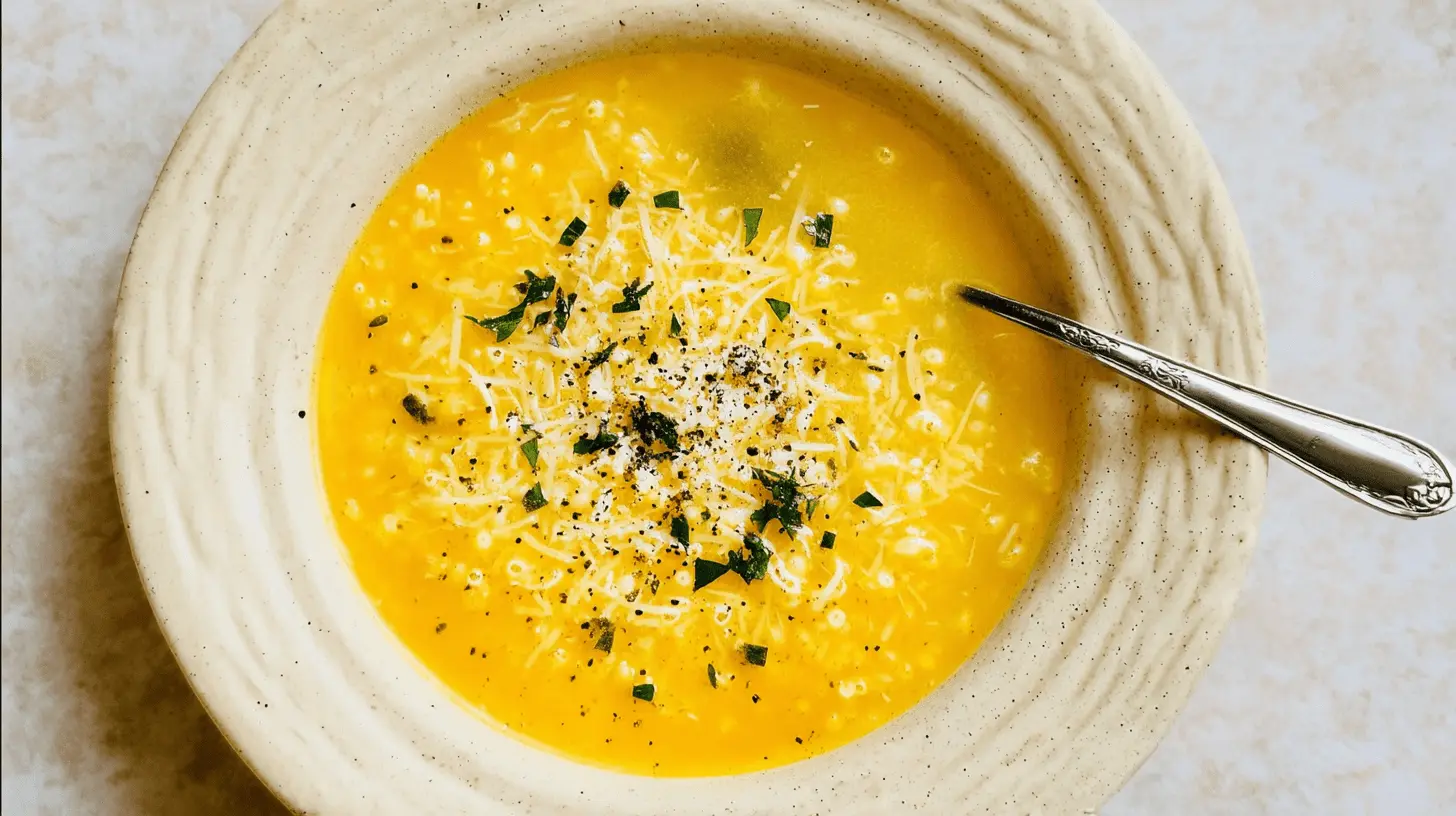 Overhead shot of creamy yellow-orange penicillin soup in a rustic bowl, garnished with cheese and herbs.