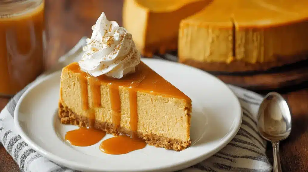 A tempting slice of Pumpkin Cheesecake with a caramel drizzle and whipped cream on a white plate.