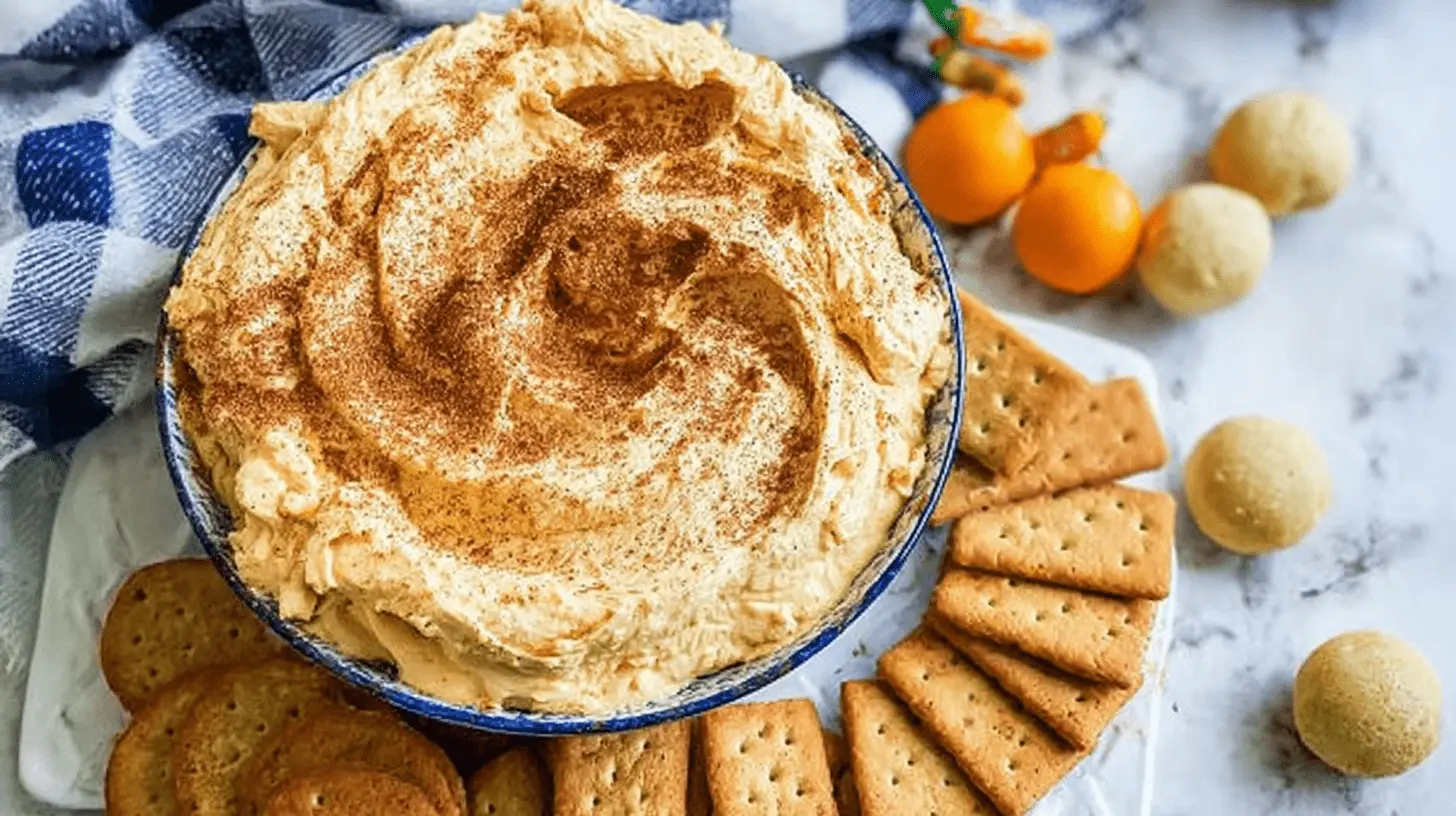 Close-up overhead of creamy pumpkin cheesecake fluff in a white bowl, surrounded by graham crackers, oranges, and yellow spheres on a marble surface.