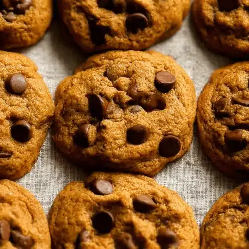 Overhead shot of freshly baked Pumpkin Chocolate Chip Cookies arranged on a light surface.