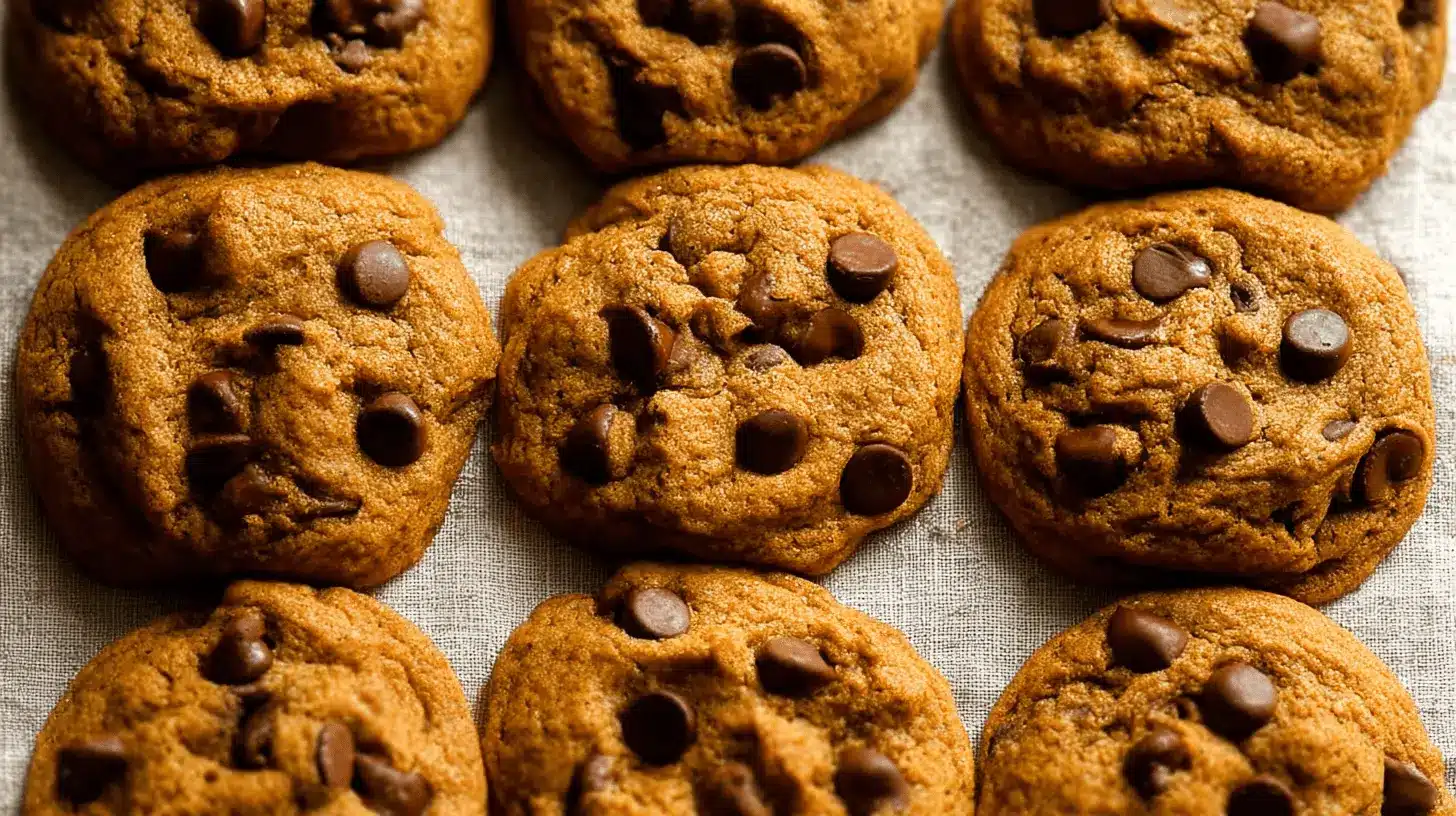 Overhead shot of freshly baked Pumpkin Chocolate Chip Cookies arranged on a light surface.