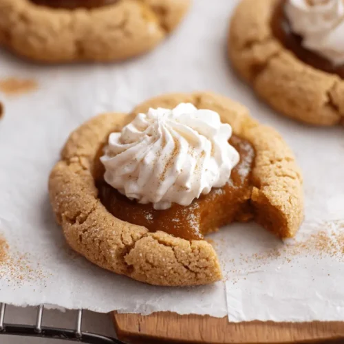 Close-up of delicious bitten pumpkin pie cookies with whipped cream and cinnamon on a cooling rack.