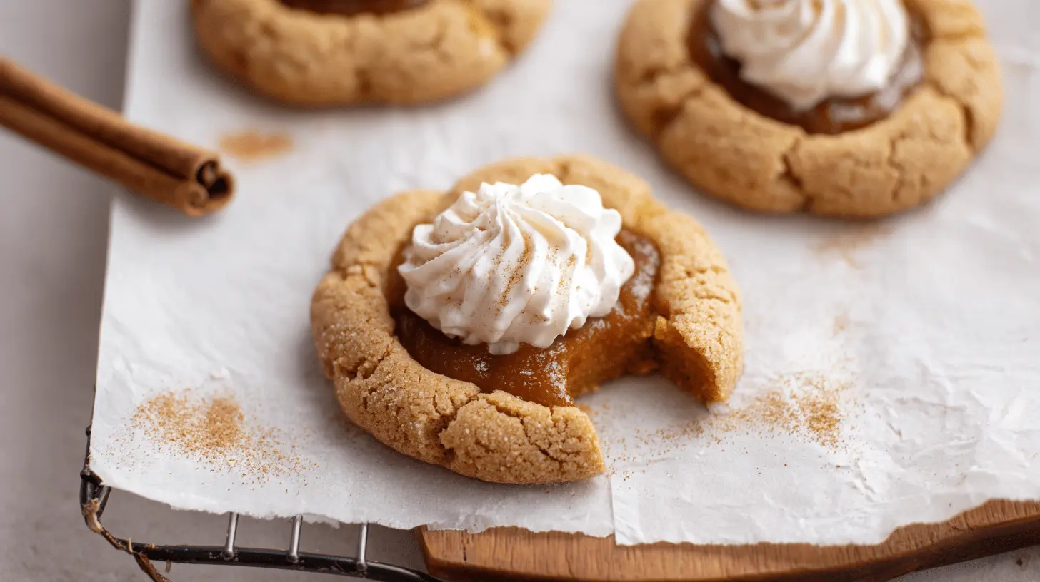 Close-up of delicious bitten pumpkin pie cookies with whipped cream and cinnamon on a cooling rack.