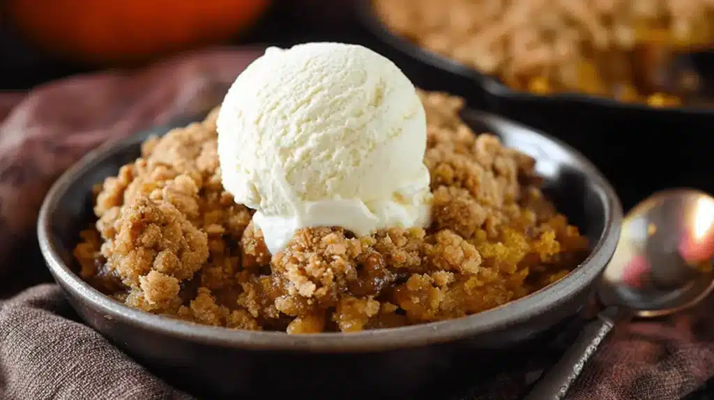 Warm Pumpkin Pie Crisp with melting vanilla ice cream in a rustic bowl, perfect for fall.