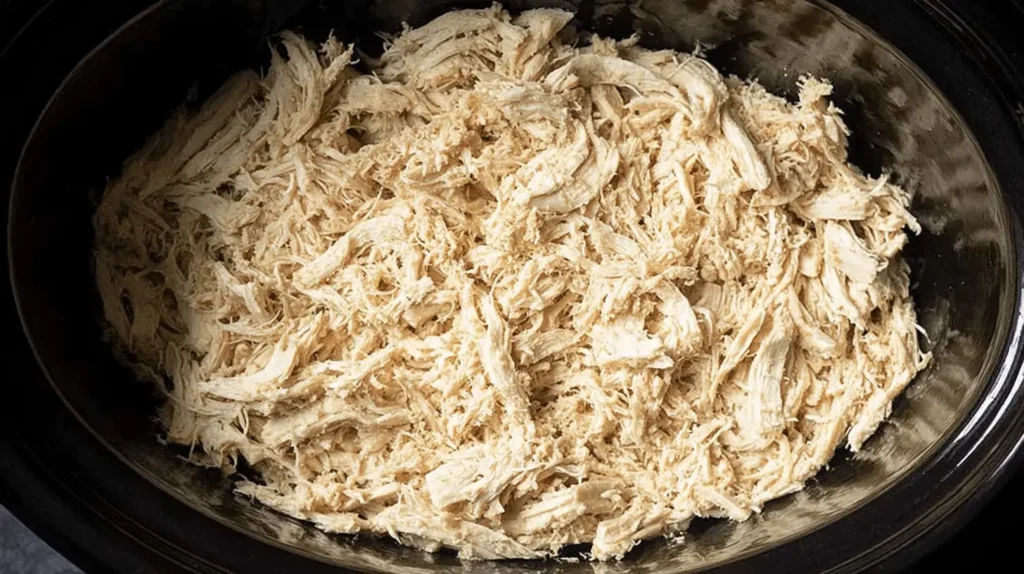 Top-down view of tender Slow Cooker Shredded Chicken Breast in a dark pot, ready to serve.