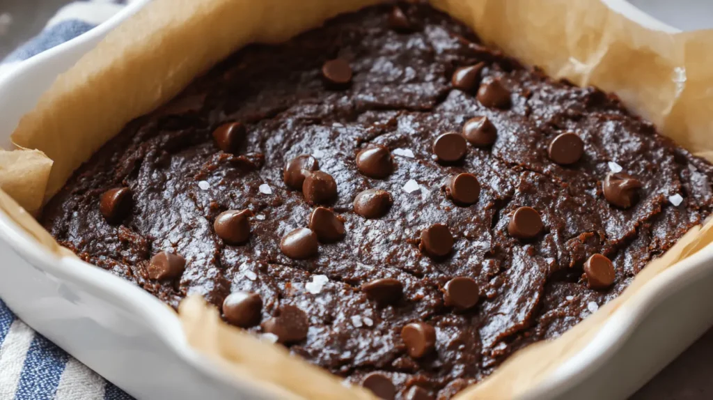 Close-up of fudgy sweet potato brownie recipe with melted chocolate chips and sea salt in a parchment-lined baking dish.
