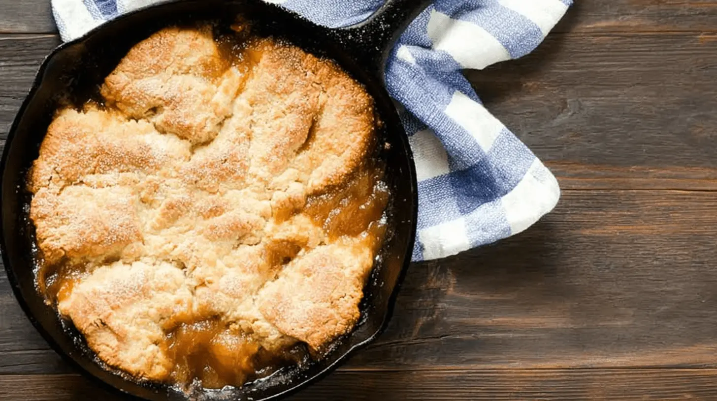 Overhead view of a golden-brown sweet potato cobbler, bubbling hot in a rustic cast iron skillet on a dark wooden surface.