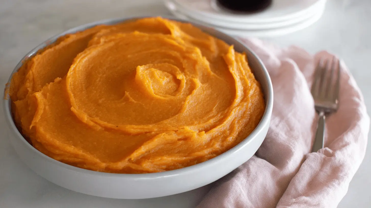 A beautifully swirled, creamy sweet potato pudding in a ceramic bowl, ready for a comforting meal.