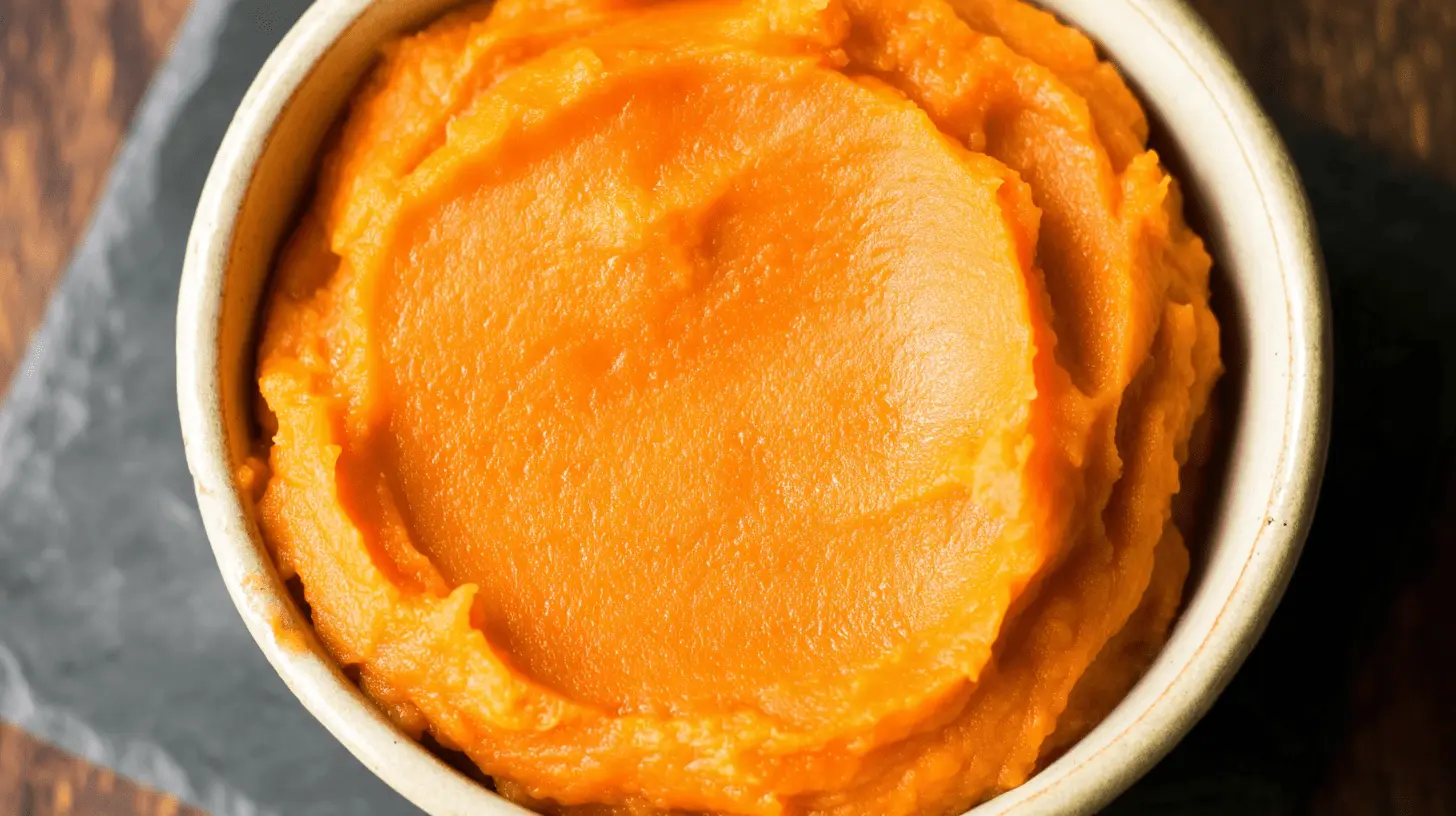 Vibrant sweet potato puree in a rustic beige bowl, presented from an overhead view.