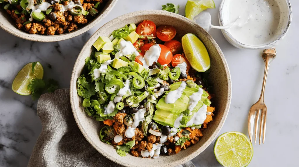 Overhead view of a vibrant sweet potato taco bowl with avocado, black beans, and creamy sauce on a marble surface.