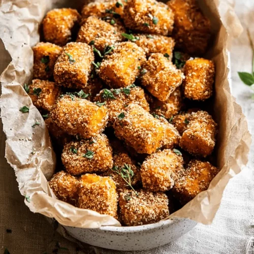 Golden-brown sweet potato tater tots served in a rustic bowl with herbs and dipping sauces on a wooden table.