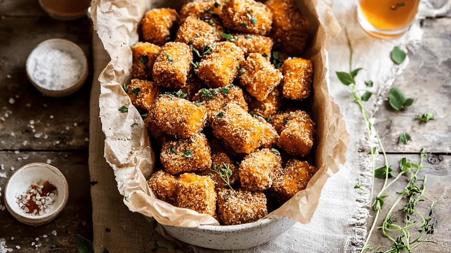 Golden-brown sweet potato tater tots served in a rustic bowl with herbs and dipping sauces on a wooden table.
