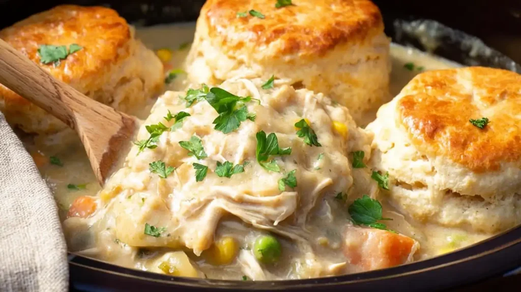 Close-up of a hearty crock pot chicken pot pie in a white bowl, topped with a golden biscuit and fresh herbs.