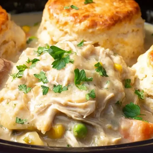 Close-up of a hearty crock pot chicken pot pie in a white bowl, topped with a golden biscuit and fresh herbs.