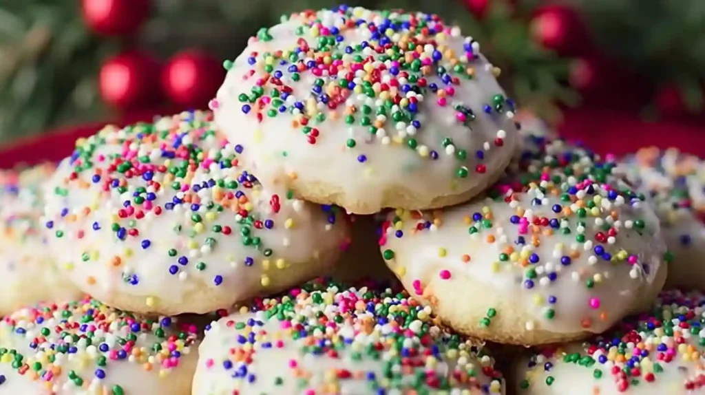 A stack of vibrant, sprinkle-covered Italian Christmas cookies with white frosting against a festive, blurred background.
