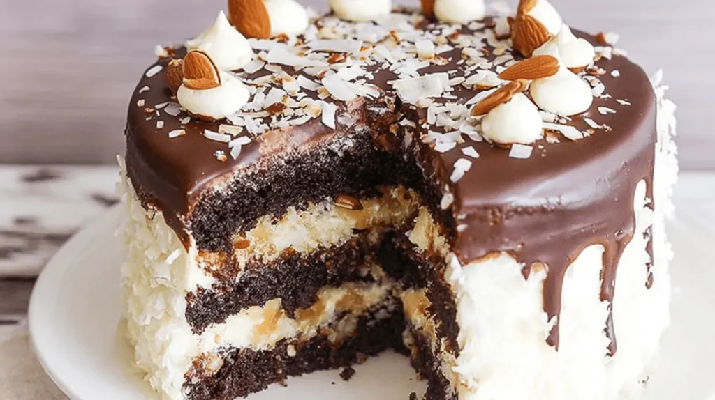 A decadent, partially sliced almond joy cake revealing its rich chocolate layers, creamy filling, and topped with chocolate ganache, coconut, and whole almonds.