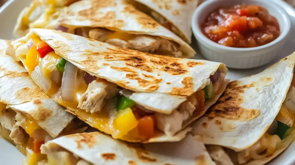 Chicken quesadillas filled with melted cheese, peppers, and tender chicken served with salsa.