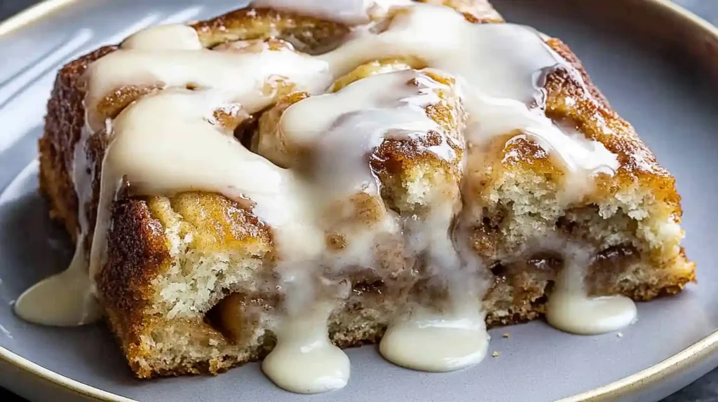 Slice of cinnamon roll cake topped with creamy icing dripping down the sides.