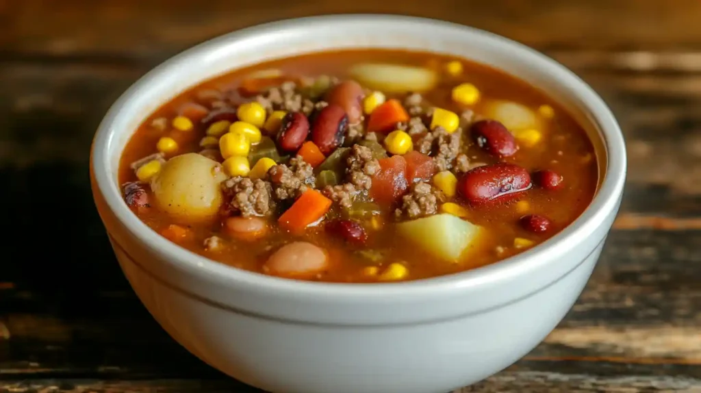 Hearty homemade cowboy soup with ground beef, potatoes, beans, corn, and vegetables in a rich tomato broth