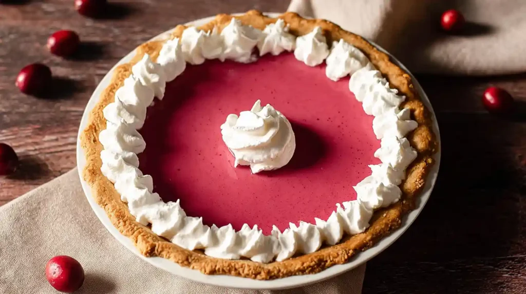 Cranberry custard pie with a smooth pink filling, whipped cream border, and golden crust on a rustic table.