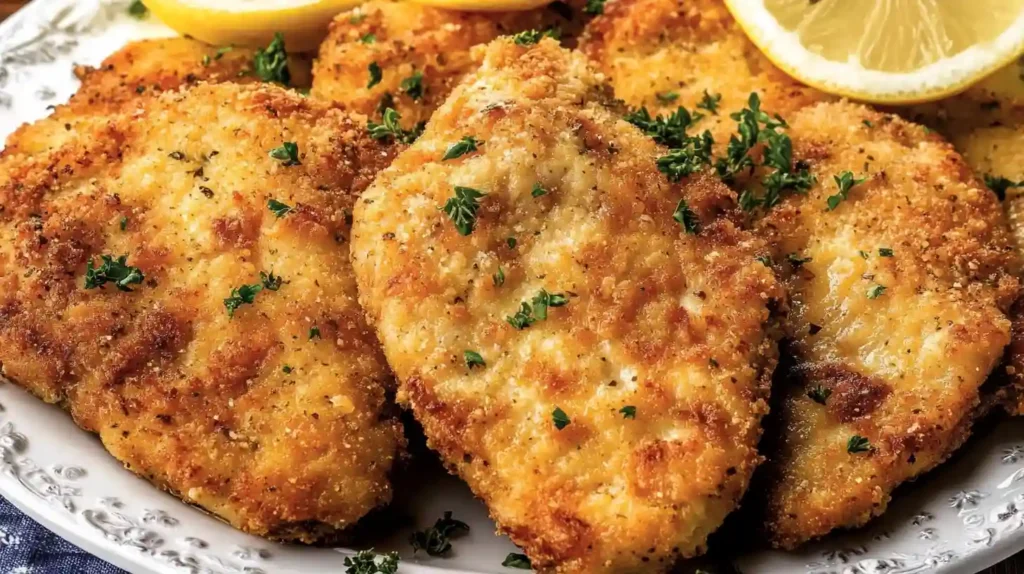 Crispy golden chicken cutlets topped with fresh herbs on a serving plate.