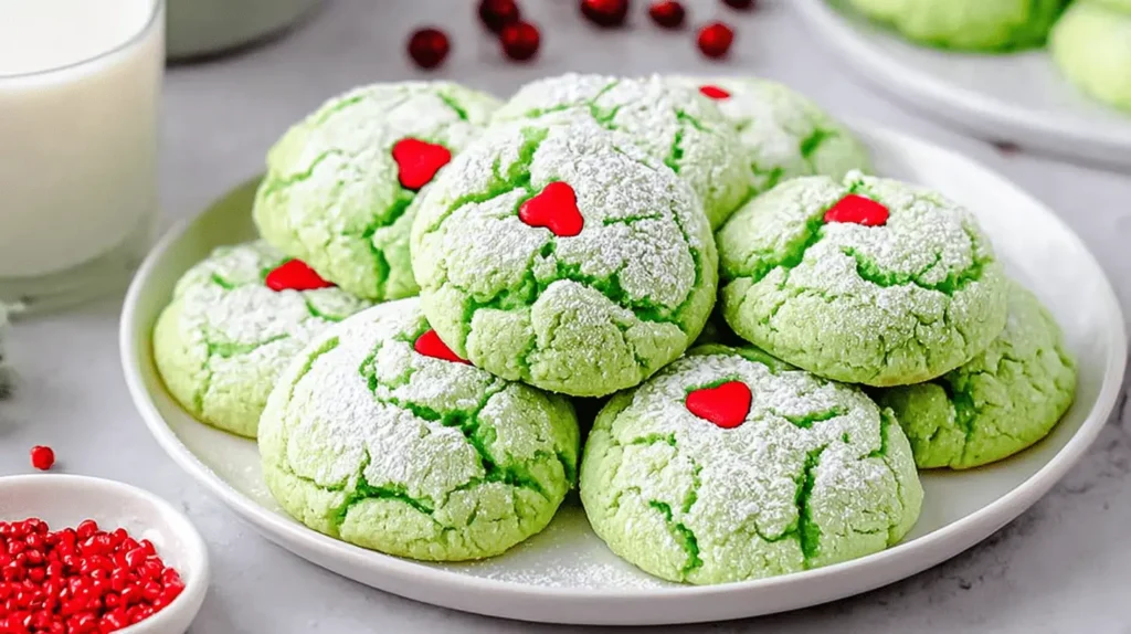 A plate of vibrant green crinkle Easy Grinch Cookies dusted with powdered sugar and topped with red heart candies, ready for a festive treat.