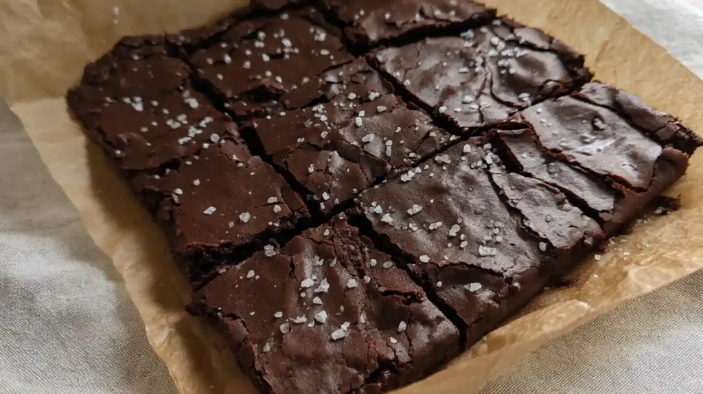 Flourless Greek yogurt brownies cut into squares and topped with sea salt.