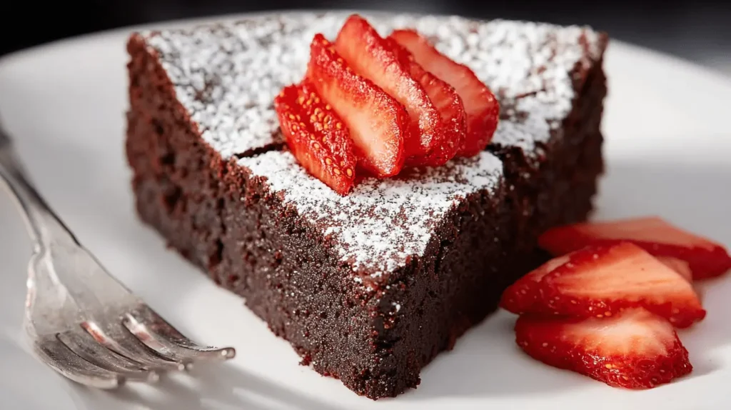 Delicious slice of flourless chocolate cake dusted with powdered sugar and fresh strawberries on a white plate.