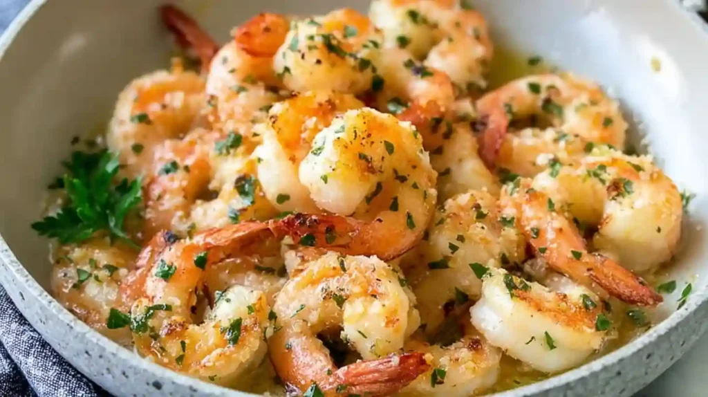 Garlic shrimp sautéed in butter with parsley, served in a bowl.