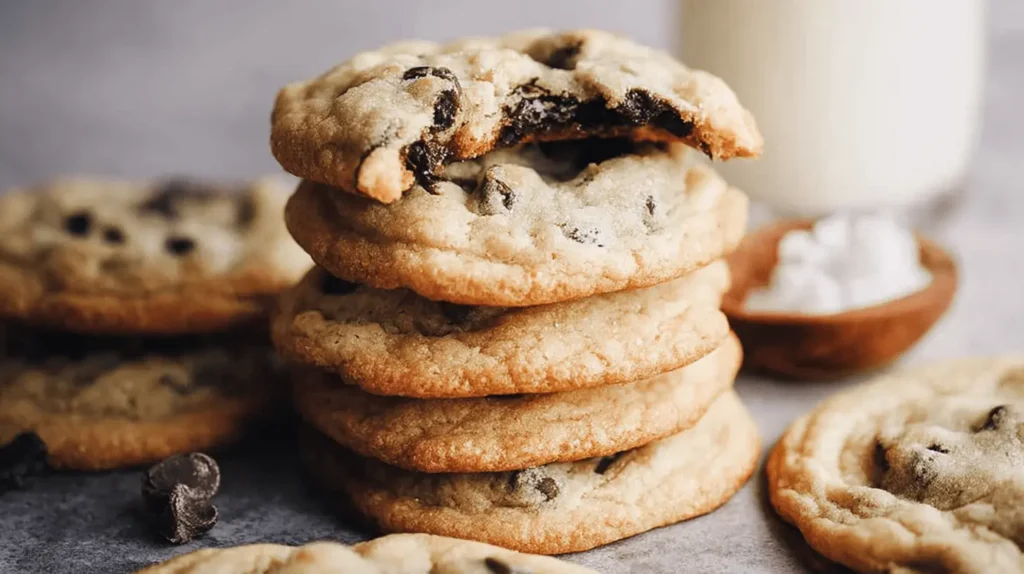 Appetizing stack of freshly baked gluten free chocolate chip cookies with a glass of milk.