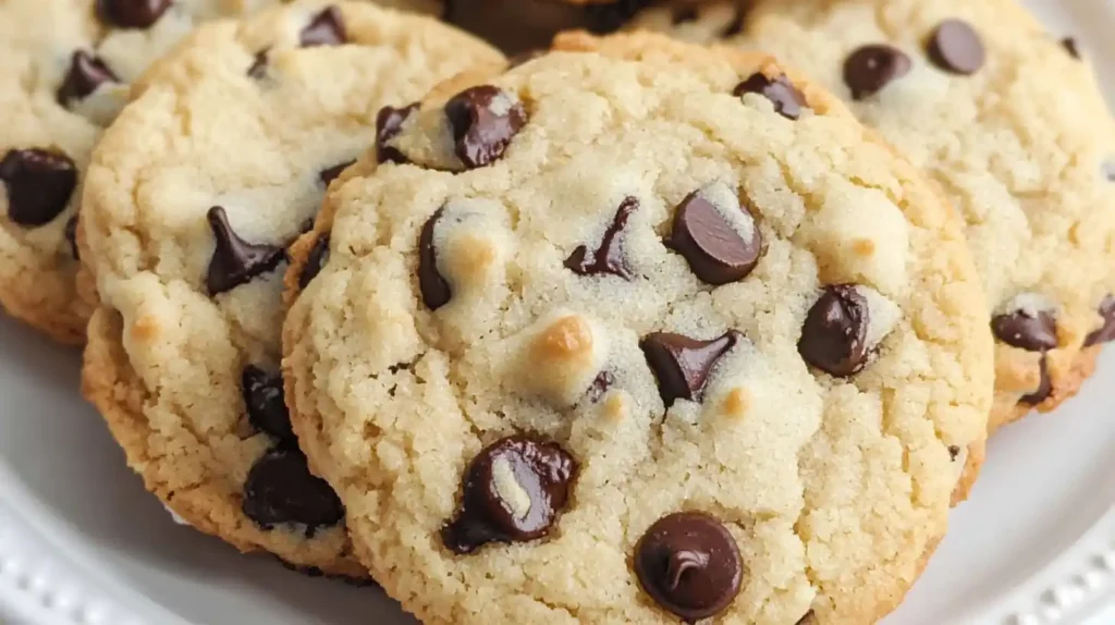 Soft cottage cheese cookies with chocolate chips on a plate.