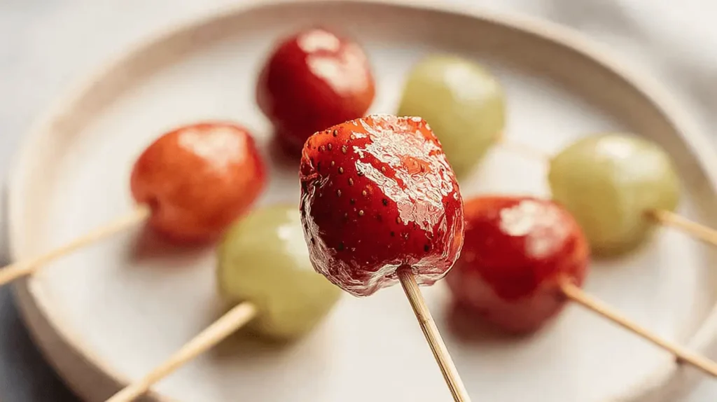 Close-up of glossy candied strawberry and grape skewers, perfect for a tanghulu recipe.