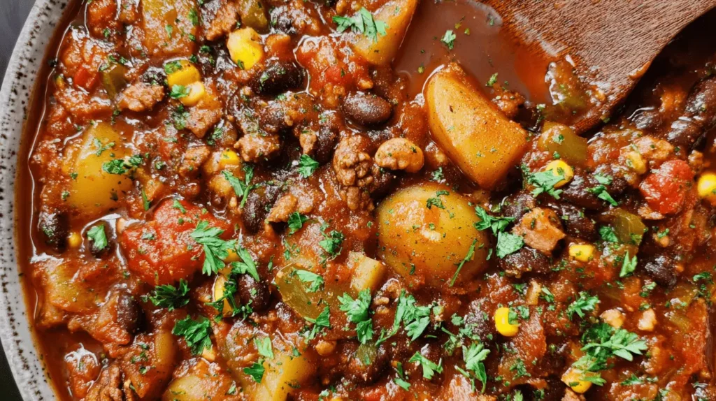 Overhead view of a hearty Texas cowboy stew, rich with ground meat, potatoes, beans, and colorful vegetables, garnished with fresh herbs.