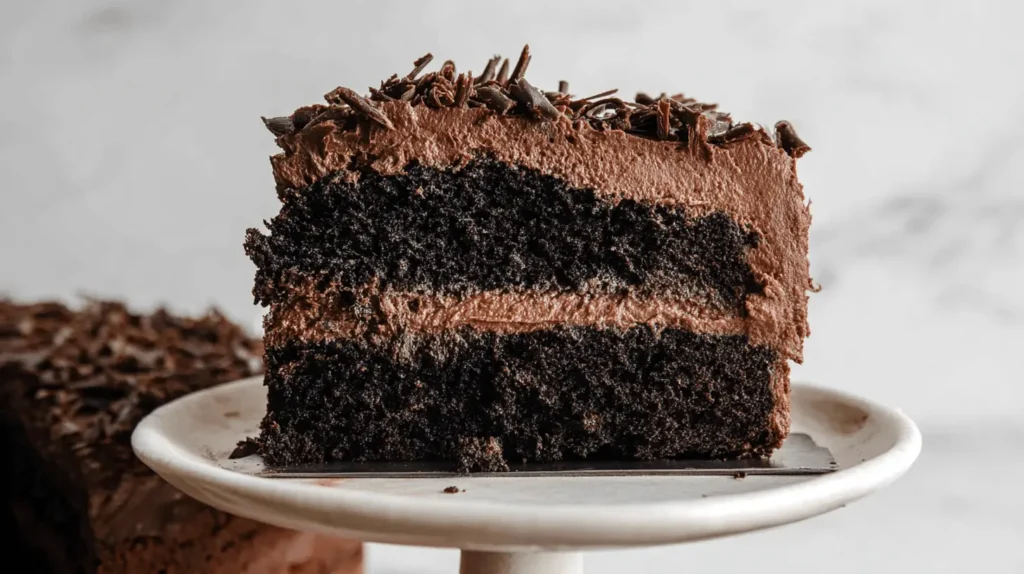 Close-up of a decadent slice of vegan chocolate cake with creamy frosting and chocolate shavings on a white stand.