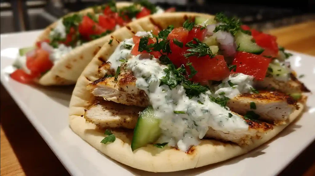 Chicken gyros with tzatziki sauce served in warm pita bread with grilled chicken, cucumber, tomato, and fresh herbs.