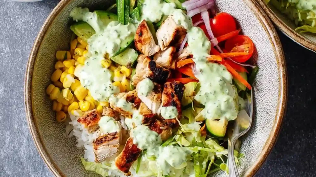 Healthy chicken and rice bowls with grilled chicken, fresh vegetables, corn, avocado, and creamy cilantro dressing.